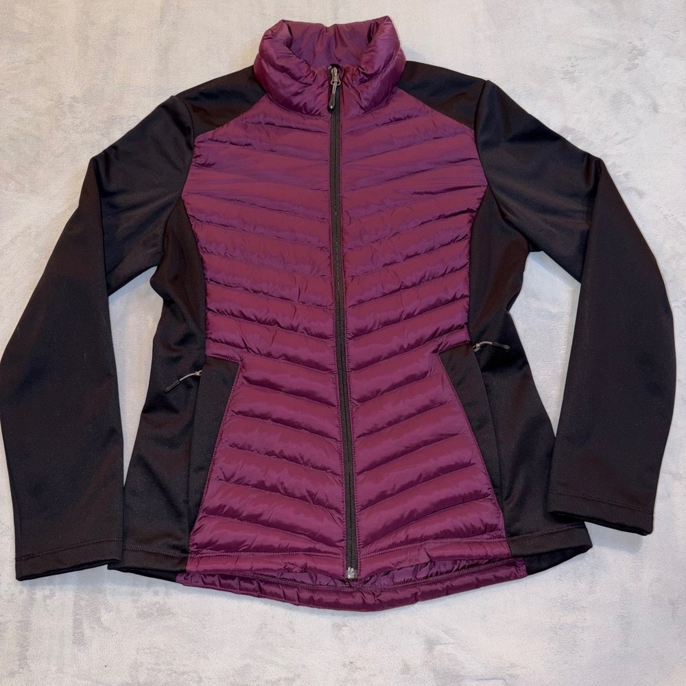 32 Degrees Heat Womens Mixed Media Puffer Jacket Purple Black Small Full Zip
